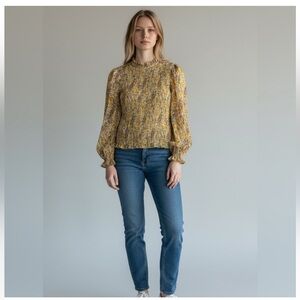 Joie mustard yellow paisley print smocked bodice long sleeve blouse top medium